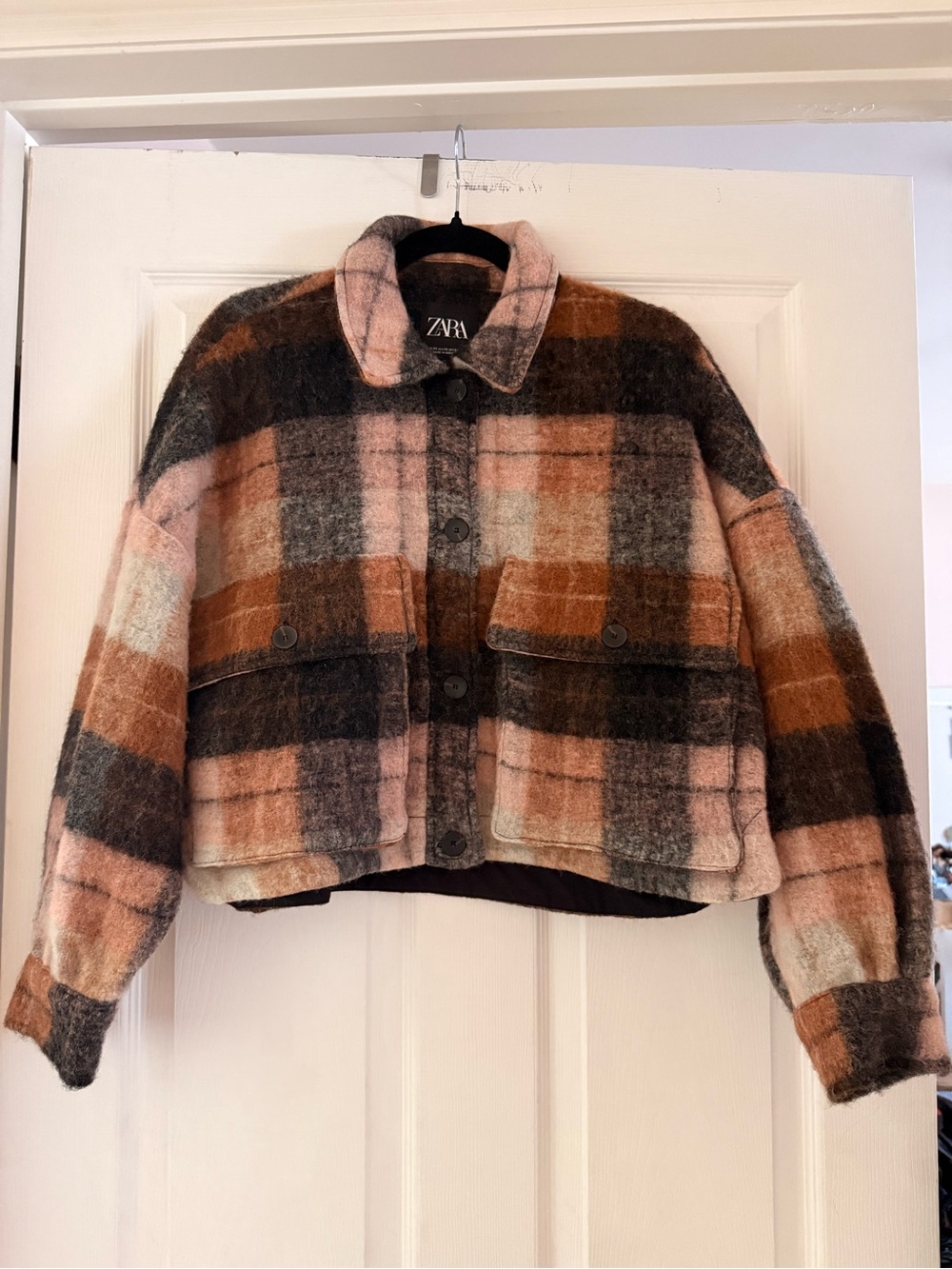 Zara - Cropped Plaid Teddy Jacket - Pink/Black Plaid - Size XS